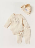 Juniors cream ribbed bodysuit, cap & jog set (pack of 3)