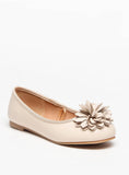 Little Missy Beige Color Floral Accent Slip On Round Toe Ballerina Shoes