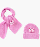 Juniors Pink Knitted Scarf and Beanie Cap Set (Cat Face)