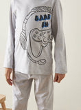 Juniors Boys Grey Game On Embroidered Shirt & Pyjama Set (Set Of 2)