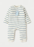 Juniors Blue Stripe Printed Bear Embossed Openfeet Sleepsuit