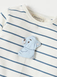 Juniors Blue Stripe Printed Bear Embossed Openfeet Sleepsuit