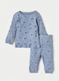 Juniors Blue All Over Turtle Printed Ribbed Shirt & Pyjama Set (Set Of 2)