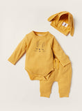 Juniors mustard ribbed bodysuit, cap & jog set (pack of 3)