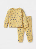 Juniors yellow all over printed ribbed shirt & pyjama set (set of 2)