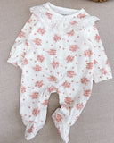 Juniors All Over Pink Flower Printed Ribbed Lace Sleepsuit