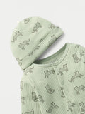 Juniors green ribbed animal printed sleepsuit & cap set (set of 2)