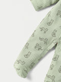 Juniors green ribbed animal printed sleepsuit & cap set (set of 2)