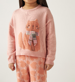 Juniors pink knitted cat shirt & Pyjama set (set of 2)(winter)