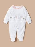 Juniors frill white embroidered floral & bunny sleepsuit