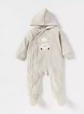 Juniors beige sheep embroidered fleece hooded sleepsuit (winter)