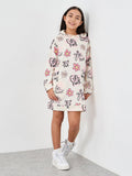 Max Girls Beige Floral print long Hooded fleece lined Sweatshirt (Winter)