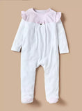 Giggles pink textured bow & frill sleepsuit with back applique