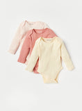 Juniors pink ribbed fullsleeves bodysuits (pack of 3)