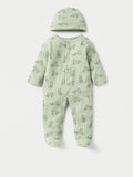Juniors green ribbed animal printed sleepsuit & cap set (set of 2)