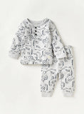 Juniors grey ribbed all over dino printed shirt & pyjama set (set of 2)