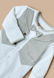 Giggles grey patterned formal bow & coat sleepsuit