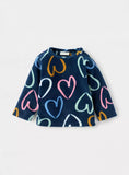 Juniors Navy All Over Heart Printed Fleece Shirt & Pyjama Set (winter)